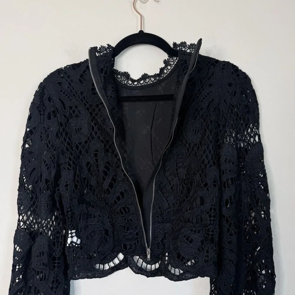 Long Sleeve Sheer Black Lace Top Large Fairy Grunge Whimsigoth Dark Coquette - Picture 7 of 12
